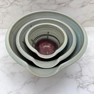 Handmade Nesting Mixing Bowl Set 3 Studio Pottery Pour Spout Batter Artist Sign